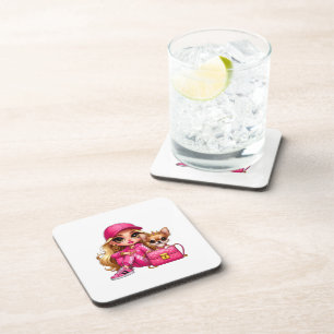 Pink Fashion Doll and Puppy Fleece Blanket Coaster