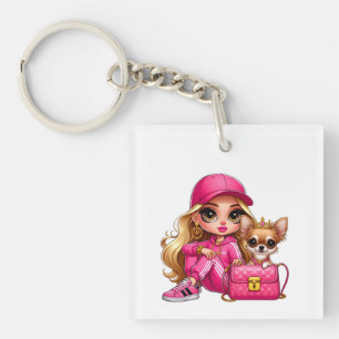 Pink Fashion Doll and Puppy Fleece Blanket Key Ring