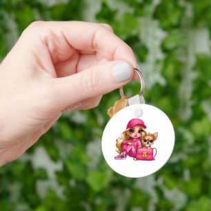 Pink Fashion Doll and Puppy Fleece Blanket Key Ring