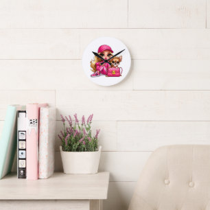 Pink Fashion Doll and Puppy Fleece Blanket Round Clock