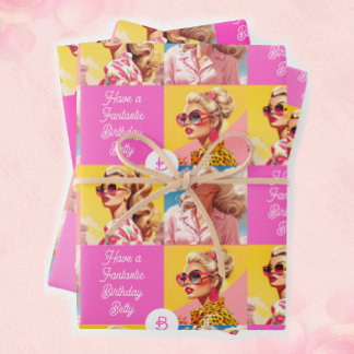 Pink Fashion Personalise Text Girl's Birthday Wrapping Paper Sheet