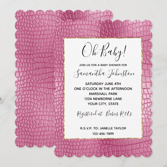 Pink Faux Alligator Animal Baby Shower Invitation (Front/Back)