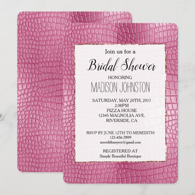 Pink Faux Alligator Animal Bridal Shower Invitation (Front/Back)