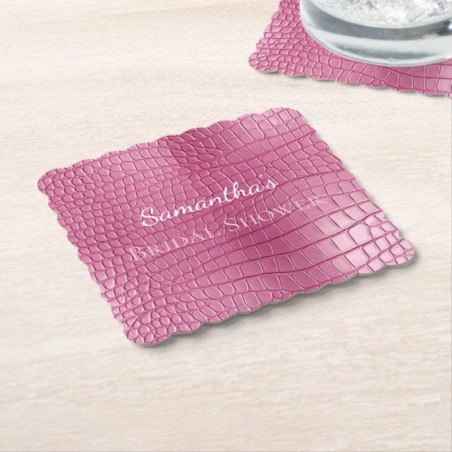 Pink Faux Alligator Animal Bridal Shower Paper Coaster (Angled)