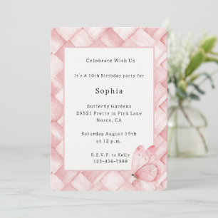 Pink Faux Basket Weave Butterfly Birthday Invitation