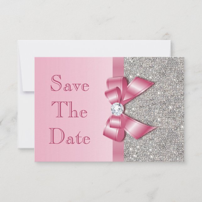 Pink Faux Bow & Diamonds Save The Date (Front)