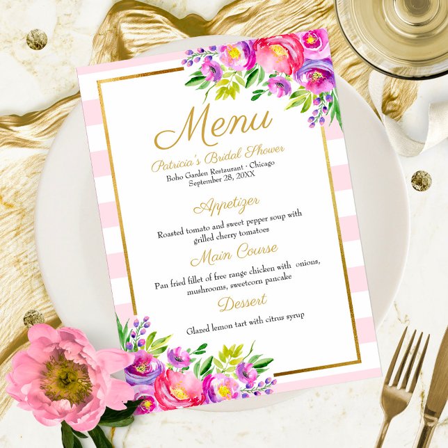 Pink & Faux Foil Gold Floral Bridal Shower Menu Invitation (Creator Uploaded)