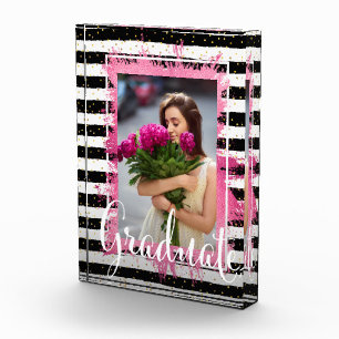 Pink Faux Foil on Black White Stripes Graduate Photo Block