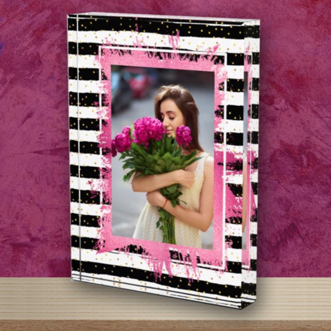 Pink Faux Foil on Black White Stripes Photo Block (Creator Uploaded)