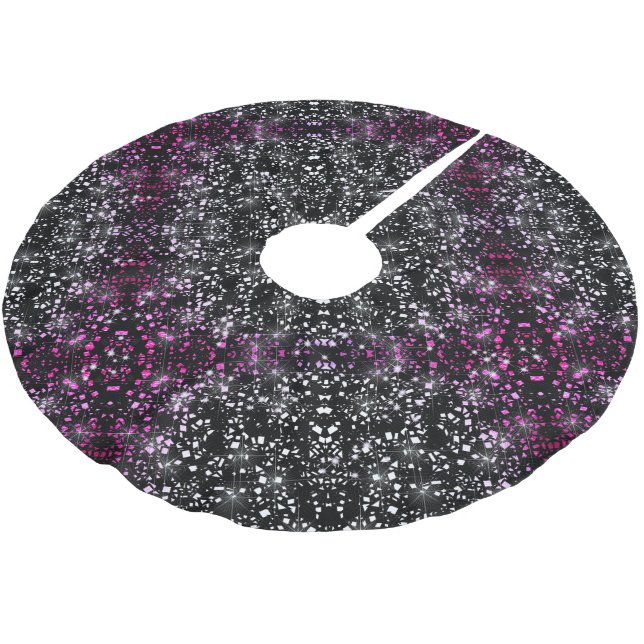 Pink Faux Glass Glitter Sparkle on Black Brushed Polyester Tree Skirt (Angled)