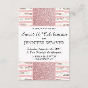 Pink Faux Glitter and Floral Brush Stroke Stripes Invitation