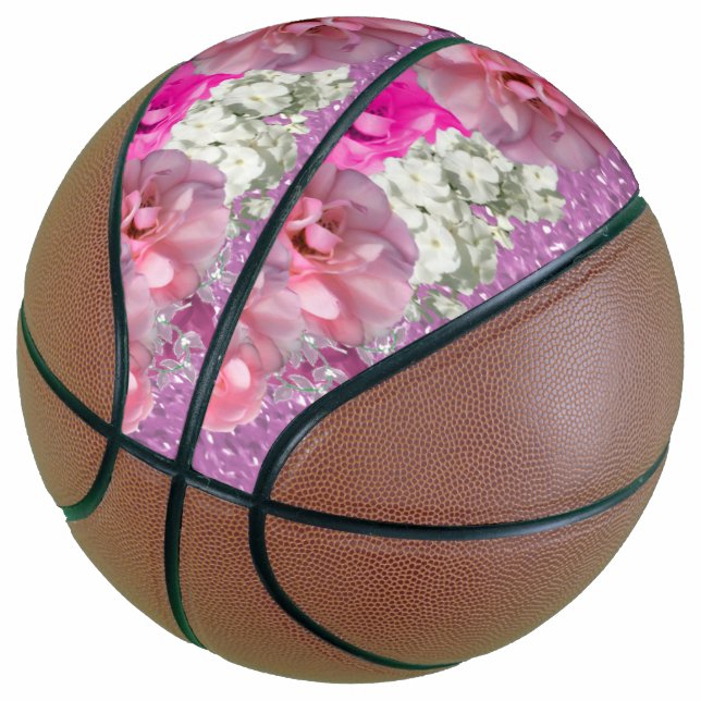 Pink Faux Glitter and Flowers Basketball (Angled)