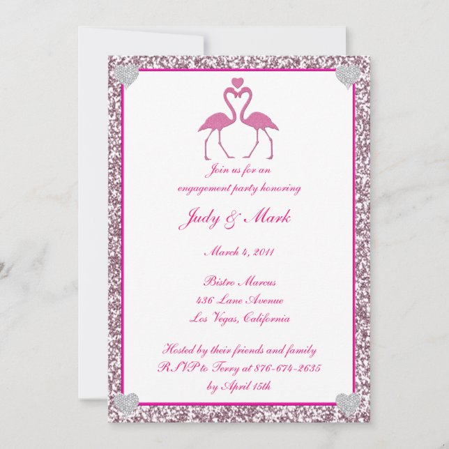 Pink Faux Glitter Flamingo Engagement Party Invite (Front)