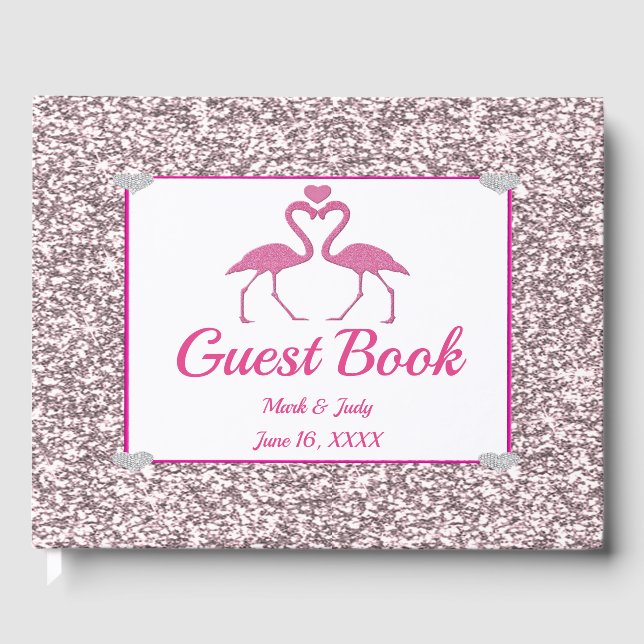 Pink Faux Glitter Flamingo Love Wedding Guestbook (Front)
