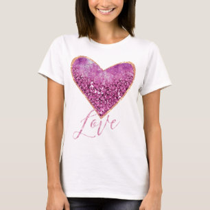 Pink Faux Glitter Gold Border Heart Love T-Shirt