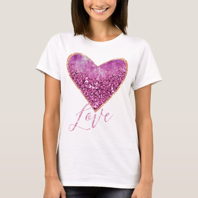 Pink Faux Glitter Gold Border Heart Love T-Shirt (Front)