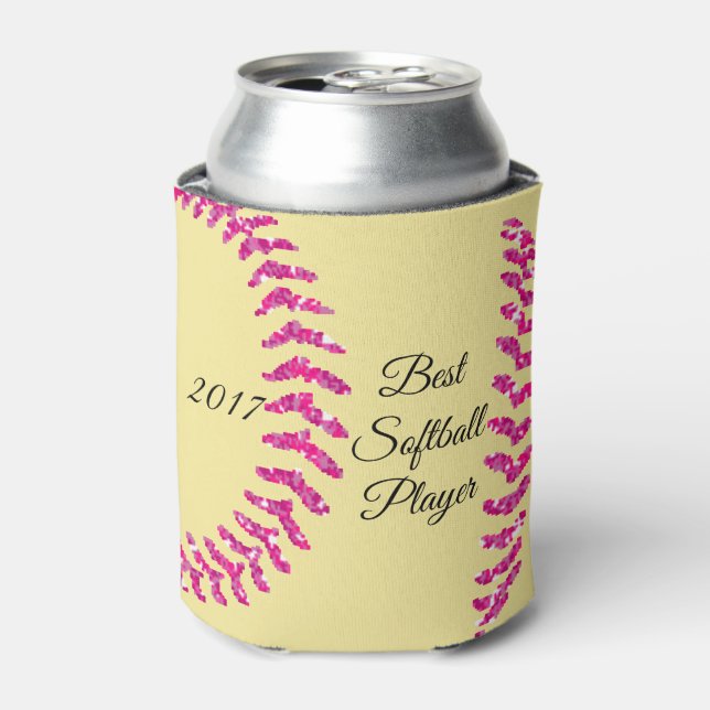 Pink Faux Glitter Softball Stitches Can Cooler (Can Front)