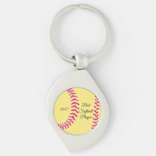 Pink Faux Glitter Softball Stitches Key Ring