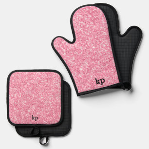 Pink Faux Glitter & Sparkles Monogram Oven Mitt & Pot Holder Set