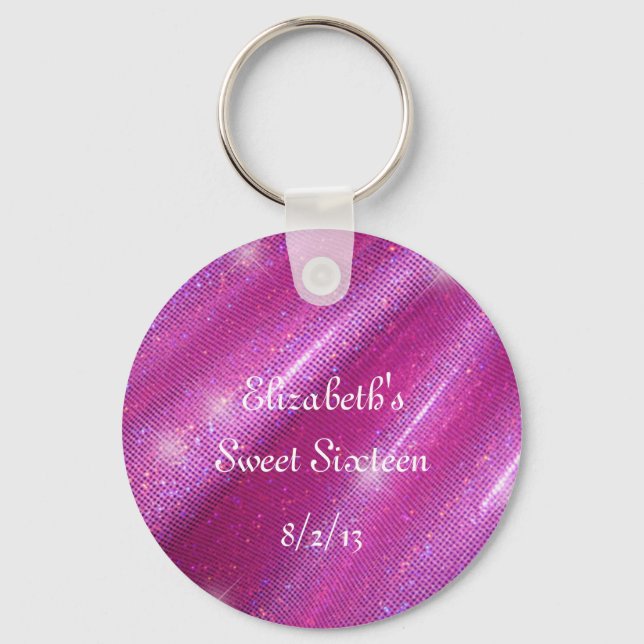 Pink, Faux Glitter, Sweet Sixteen Favour Key Ring (Front)