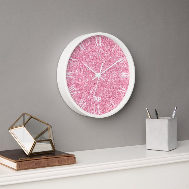 Pink Faux Glitter White Roman Numerals Clock (Office)