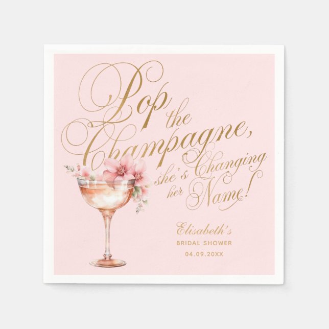 Pink Faux Gold Floral Champagne Bridal Shower Napkin (Front)