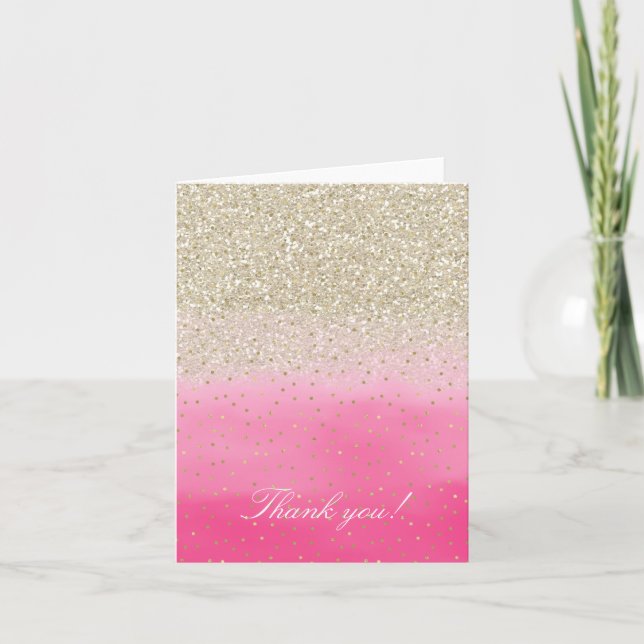Pink Faux Gold Glitter Confetti Thank you Card (Front)