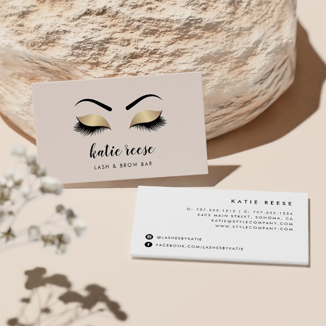 Pink & Faux Gold Lashes & Brows Beauty Business Card (Creator Uploaded)