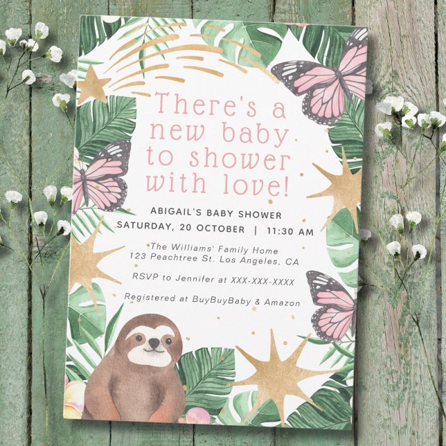 Pink Faux Gold Sloth & Butterfly Girl Baby Shower Invitation (Creator Uploaded)