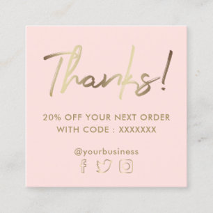 pink faux gold thank you square business card