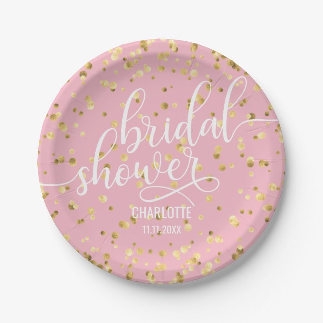 Pink Faux Gold White BRIDAL SHOWER Paper Paper Plate (Front)