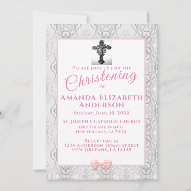 Pink Faux Lace Baptism/Christening  Invitation (Front)