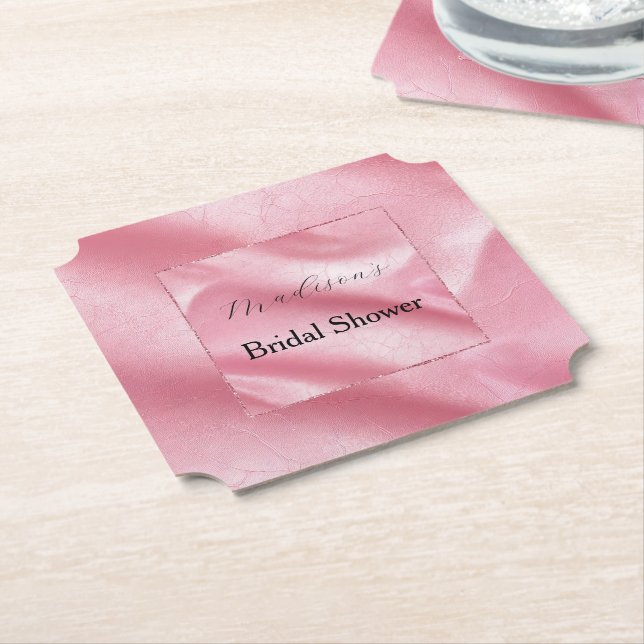 Pink Faux Leather Bridal Shower Paper Coaster (Angled)