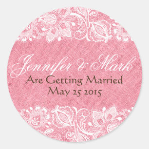 Pink Faux Linen Burlap & White Floral Lace Classic Round Sticker