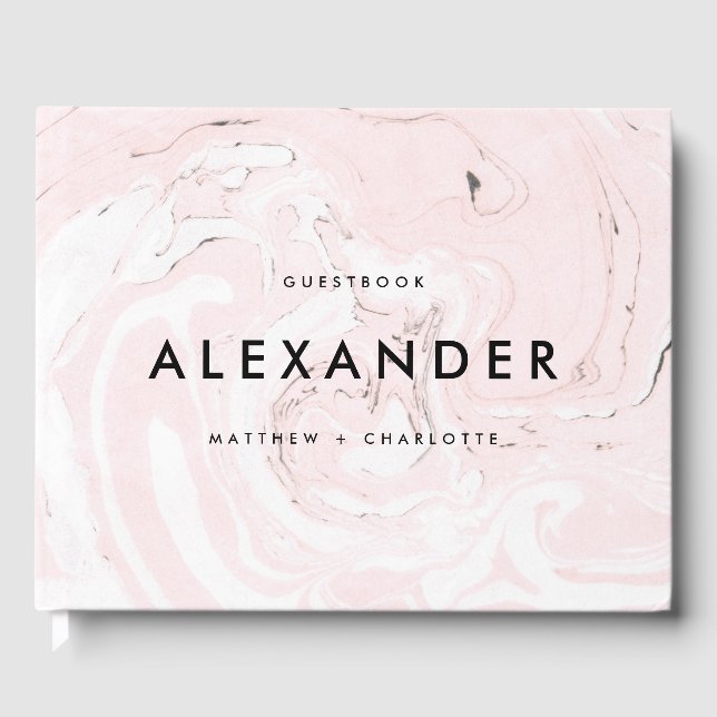PInk Faux Marble Modern Wedding Guestbook (Front)