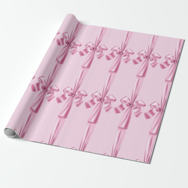 Pink Faux Satin Ribbon Bow Wrapping Paper (Unrolled)