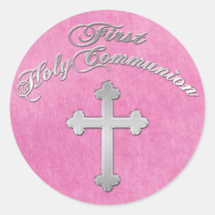 Pink, Faux Silver Cross 1st Holy Communion Sticker