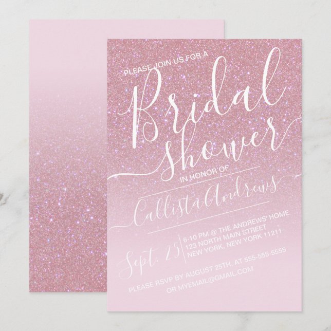 Pink Faux Sparkly Glitter Ombre Bridal Shower Invitation (Front/Back)