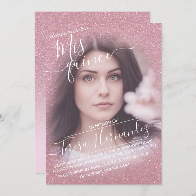 Pink Faux Sparkly Glitter Ombre Photo Quinceañera Invitation (Front/Back)