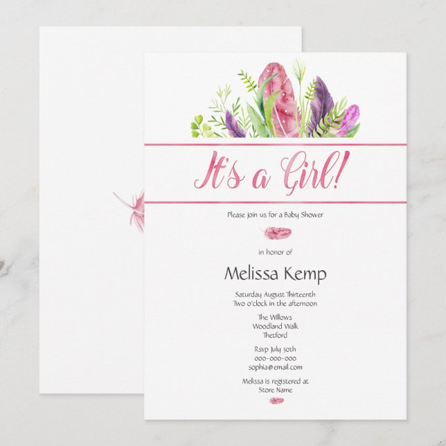 Pink Feather Boho Baby Shower Invitation (Front/Back)