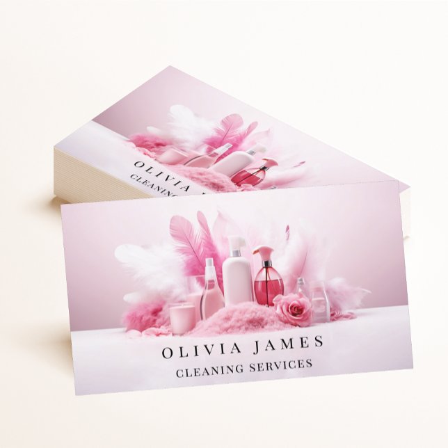 Pink Feather Cleaning Services Housekeeping Maid Business Card (Creator Uploaded)