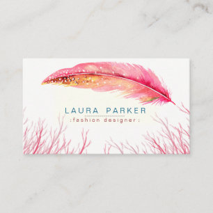 Pink Feather Watercolor Boho Girly Chic Business Card