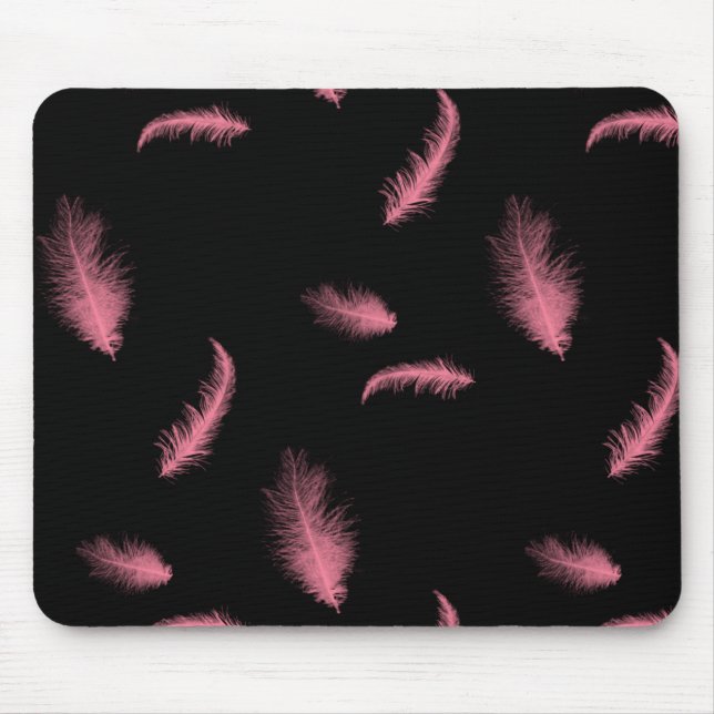 Pink Feathers On Black Mouse Mat (Front)