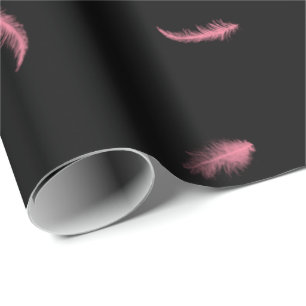 Pink Feathers On Black Wrapping Paper