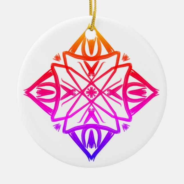 Pink Feathery Diamond Mandala #7  Ceramic Tree Decoration (Front)