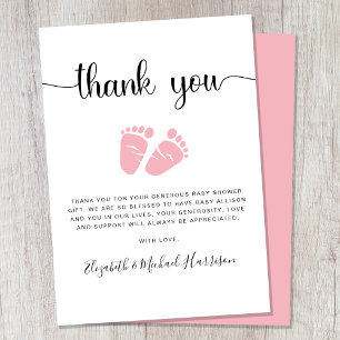 Pink Feet Baby Girl Shower Thank You Card