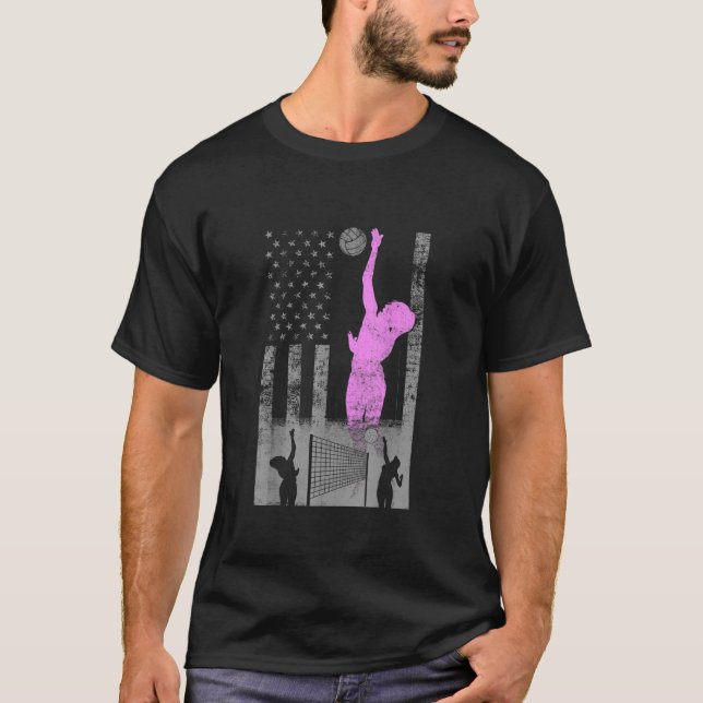 Pink Female Volleyball Flag Breast Cancer Awarenes T-Shirt (Front)