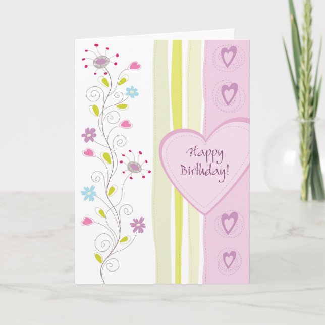 Pink feminine floral happy birthday greeting card (Front)