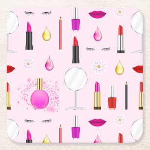 Pink feminine makeup pattern square paper coaster