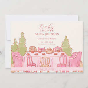 Pink feminine pastel tea party baby shower invitation